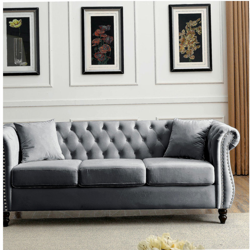 80" Chesterfield Sofa Grey Velvet for Living Room, 3 Seater Sofa Tufted Couch with Rolled Arms and Nailhead, Gray