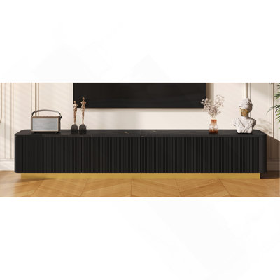 Luxury Fluted TV Stand for TVs Up to 85", Faux Marble Top, 4-Drawer Media Console, Curved Design, Gold Base, Modern Entertainment Center for Living Room