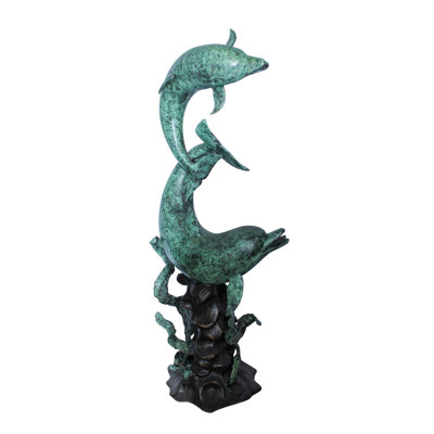 Sculpture géante dauphin en bronze avec patine verte 23 po x 15 po x H 66 po
