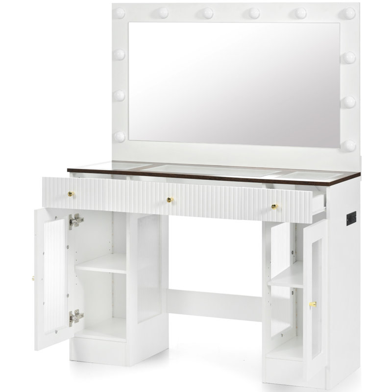 Coiffeuse moderne avec ampoules et tiroirs, 43,3 po de bureau de coiffeuse, modes d'éclairage pour grande chambre à coucher 3 et luminosité réglable, douille de tiroir