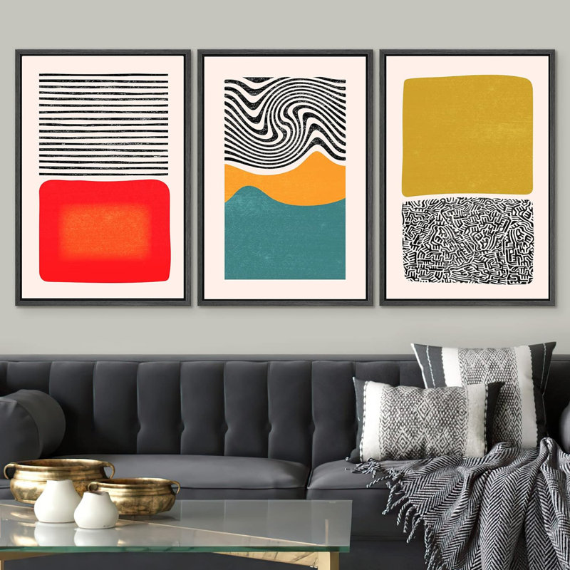 Abstract Vibrant Color Blocks " Mid-Century Color Blocks And Spirals " 3 - Pieces, Black, 36" H x 72" W x 1.5" D