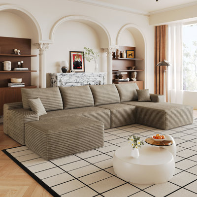 Canapé modulaire 135 po avec 1 repose-pieds Cloud, fauteuils rembourrés minimalistes modernes, canapé en U confortable pour le salon, canapé d'angle à assise profonde, aucun assemblage requis, chameau (tissu en velours côtelé moelleux)