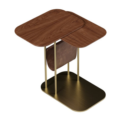 C-Shaped Walnut & Gold Rotating Side Table With Storage
