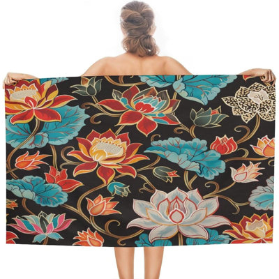 Floral Blossoms Pattern Beach Bath Towels Quick Dry Sand Free Retro Boho Botanical Towel Sport Camping Holiday Gym Spa Travel Swimming, 32 x 63 in