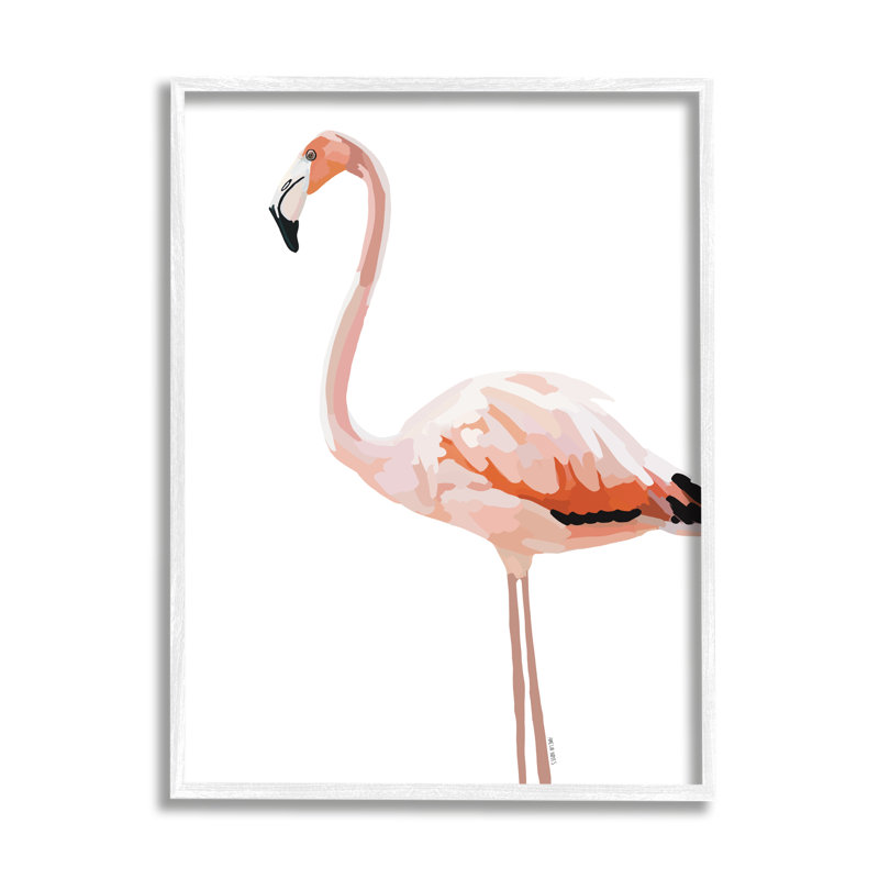 Tropical Pink Flamingo Bird Print on Canvas with White Frame