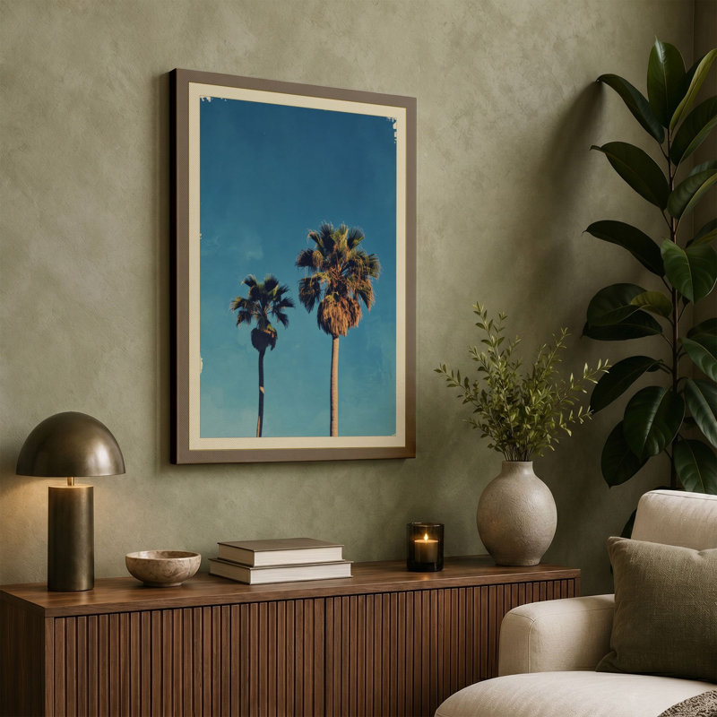 Palm Study in Teal Vintage - Wrapped Canvas, 30x20 - 76.2 x 50.8 cm, Taupe Border