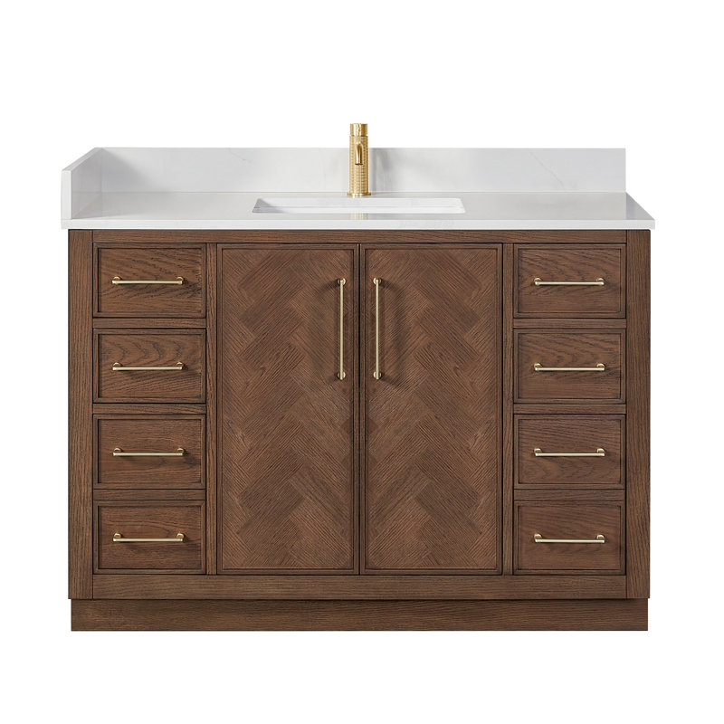 Jakarta 48" Single Bath Vanity with Silk White Quartz Stone Top, Aged Dark Brown Oak, Brushed Gold, 48"