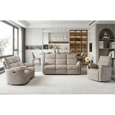 Ensemble de salon inclinable électrique 3 pièces, ensemble de canapé inclinable en tissu avec console à dossier rabattable, porte-gobelets et chargement USB-C, canapé de cinéma maison pour le salon