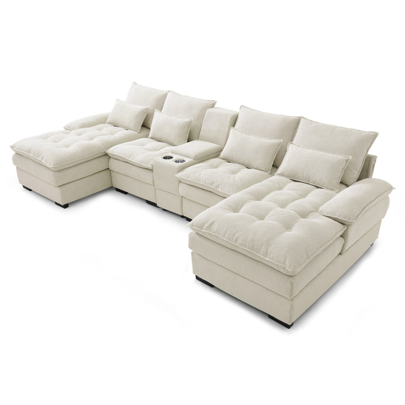 130" U-shaped Sofa with Console,Cupholders,6-seat Upholstered primary living space Furniture,Sleeper Couch Set with Chaise for Living Room,Apartment