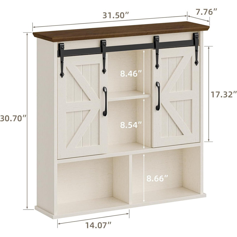 Armoire de salle de bain murale, armoire à pharmacie Farmhouse avec porte de grange coulissante double, blanc rustique