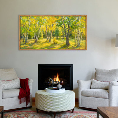 Bright Woodland in Summer Light Framed Canvas Wall Art, Nature Scenic Panorama Artwork for Living Room, Bedroom and Office