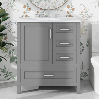 Ensemble de meuble-lavabo de meuble-lavabo 30 po avec armoire de rangement, porte à fermeture douce, 3 tiroirs et un plateau amovible