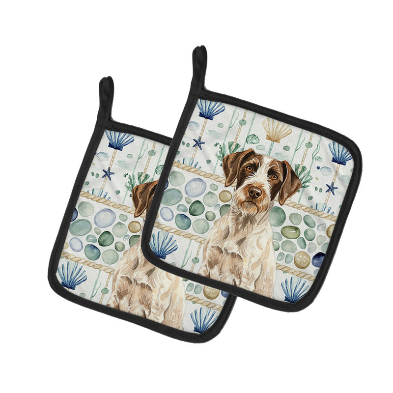Liver and White German Wirehaired Pointer Coastal Sea Glass Pair of Pot Holders