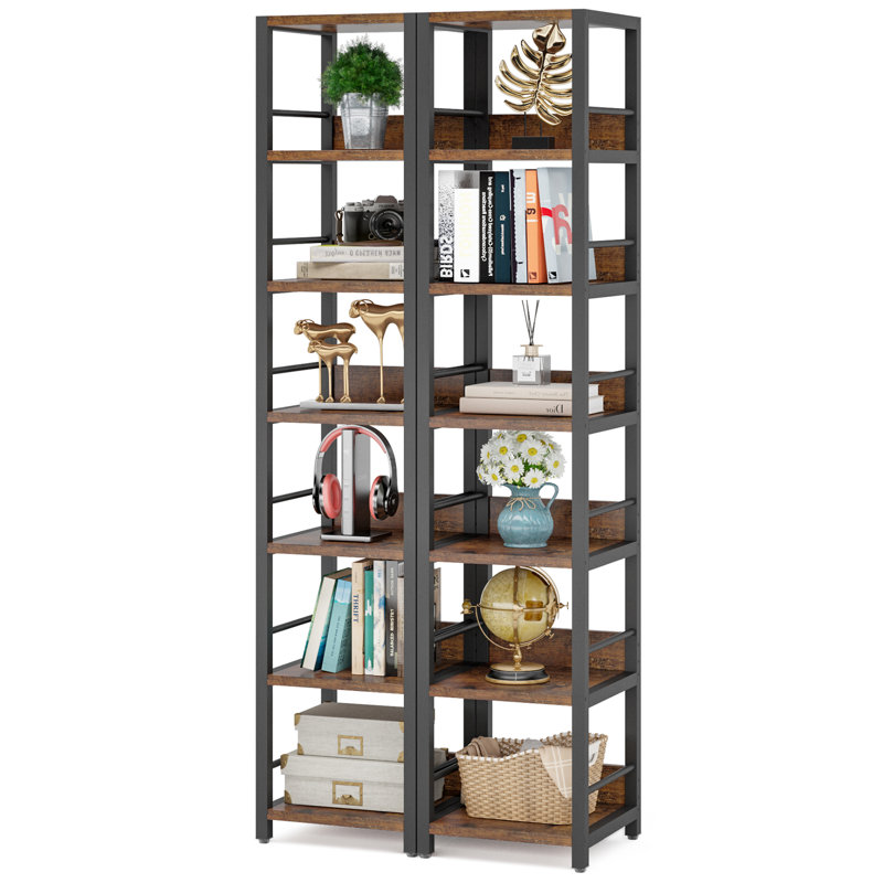 74.8" H x 26.77" W Sets of 2 Modern Wooden Metal Stainless Steel Etagere Bookcase Brown Black 2PCS, Black/Brown