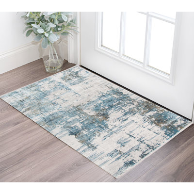 Tapis abstrait bleu et brun 2 pi x 3 pi avec franges