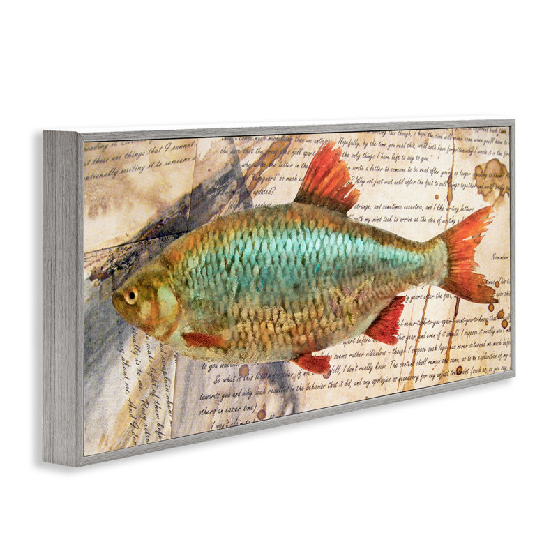 Vintage Pages & Fish Framed Giclee Art by Alonzo Saunders, Farmhouse Gray Framed Giclee, 10" H x 24" W