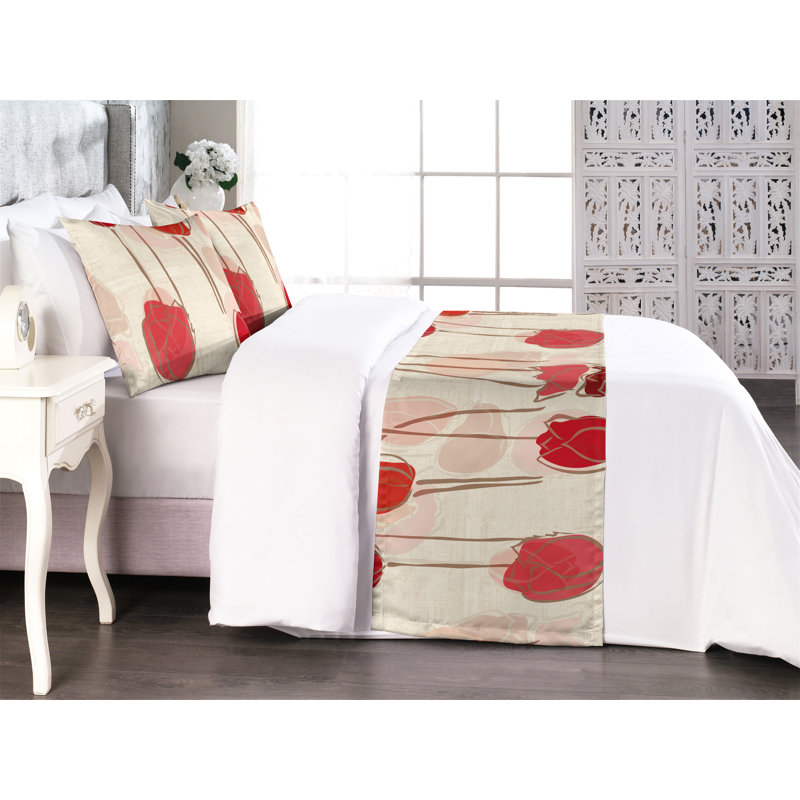 Ambesonne Tulips Bed Runner Set Simple Blooms Pattern Art Dark Coral Eggshell, King
