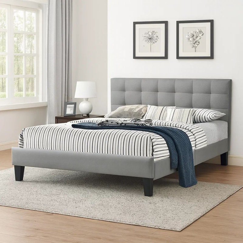 Lit plateforme tapissier Bigelow, Gris, Grand