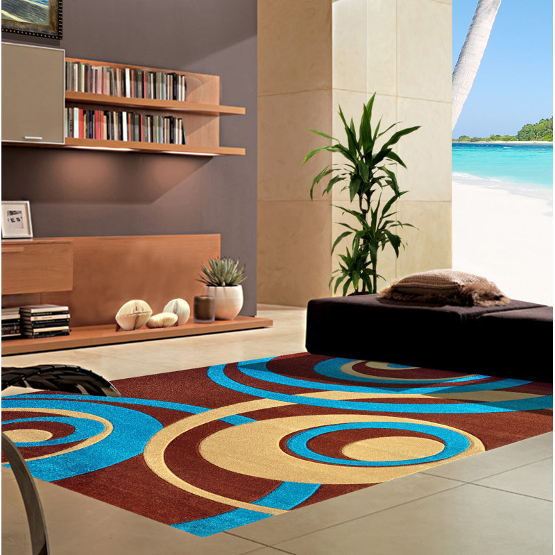 Tapis turquoise/brun tissé à la machine Melfa, Tapis de couloir 2 pi 7 po x 14 pi 6 po