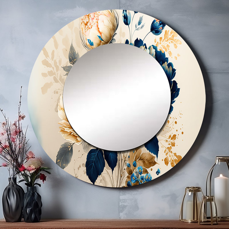 «Pasqualine Blue and Gold Floral Bunch II», miroir mural floral, miroir décoratif rond bleu, impression d'art en métal