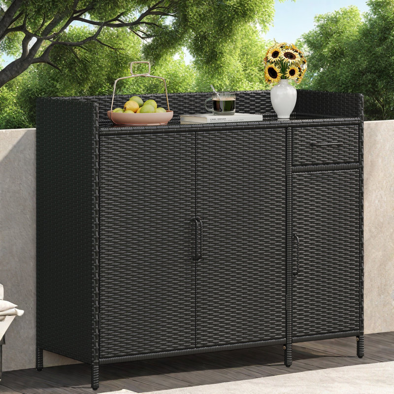 Armoire de rangement d'extérieur en rotin, buffet en osier 2 portes, rangement pour piscine, Noir, noir, noir, noir