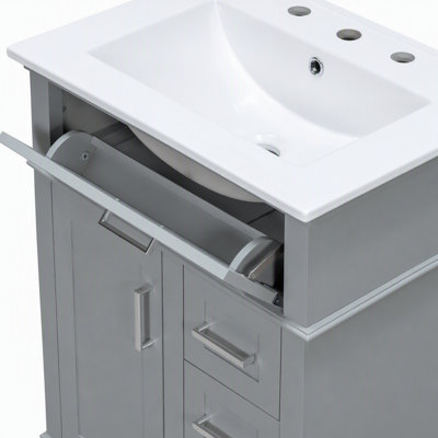 Meuble-lavabo autoportant de 61 cm (24 pouces) avec lavabo en céramique, 1 porte, tiroir rabattable et 3 tiroirs