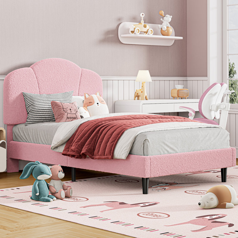 Twin Size Upholstered Platform Bed Frame – Lamb Velvet, Headboard, Plywood Slats, 800 lbs Support, No Box Spring Needed, Pink