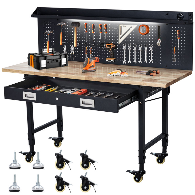 25.79'' W Manufactured Wood Top Height-Adjustable Workbench with Wheels