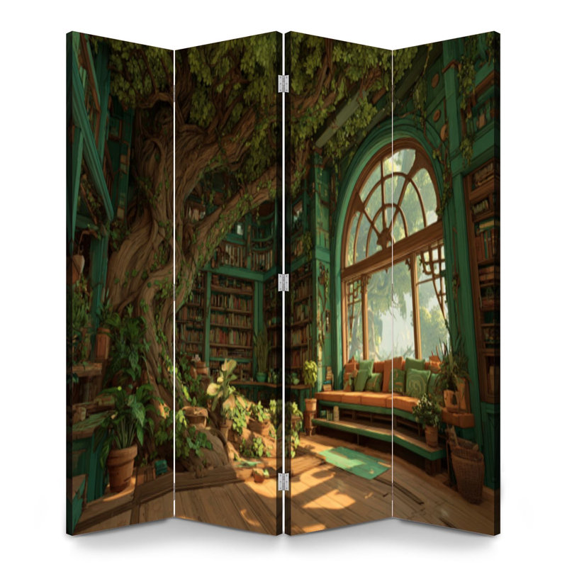 Cloison pliante 4 panneaux paravent Royal Forest Treehouse Bibliothèque, 71" H x 64" W x 1" D, 4