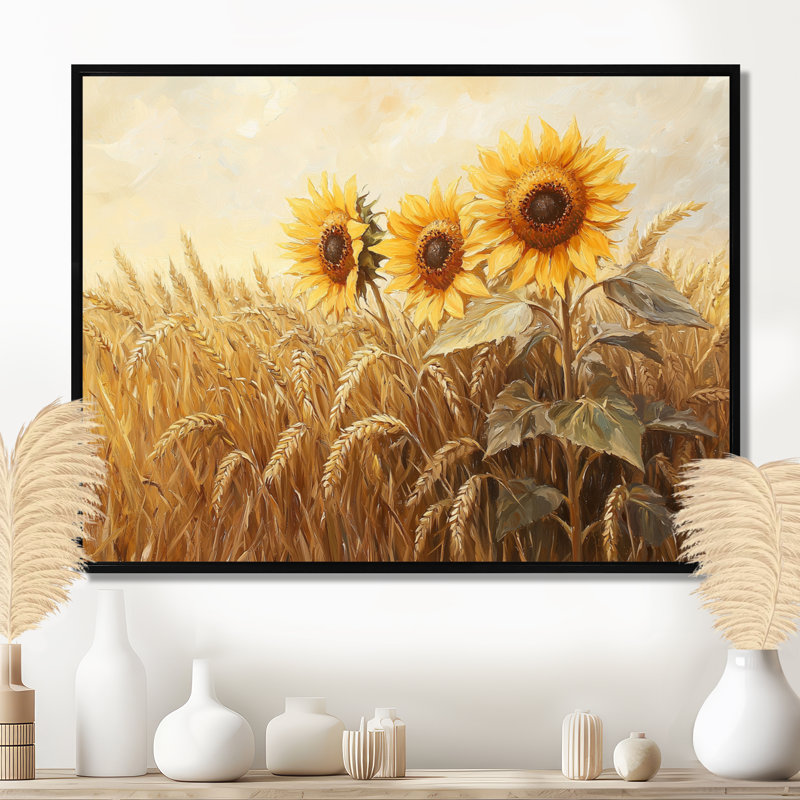 Toile de Donhang, tournesols dans un champ de blé II, H 12 po x l 20 po, Cadre flottant, Noir, noir, noir, noir