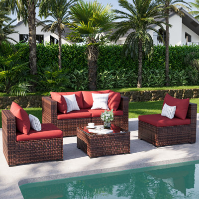 Ensemble de conversation modulaire en rotin PE pour l'extérieur, ensemble de mobilier de patio 5 pièces avec structure en acier, canapé modulaire d'extérieur avec table basse pour terrasse sur le balcon arrière