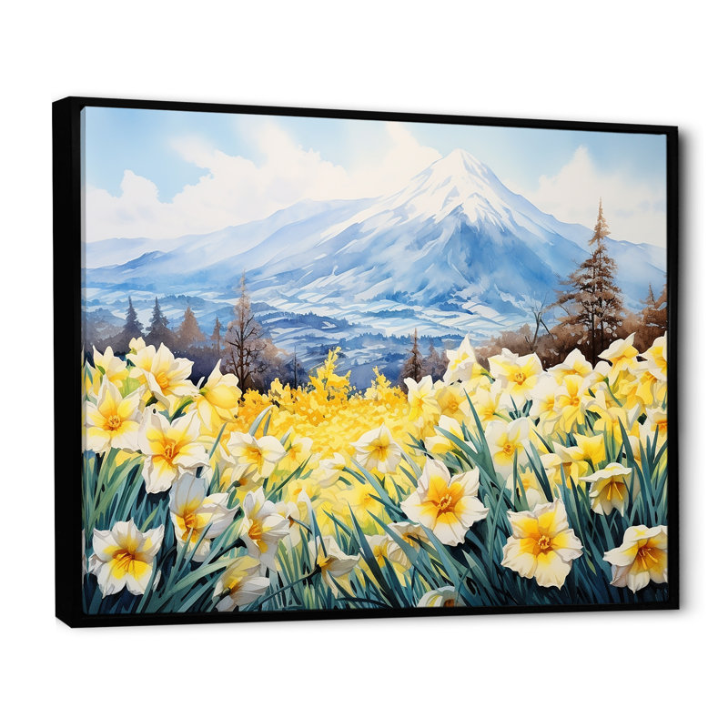 Daffodils Charm in Mountain - Imprimé, Cadre flottant noir, H 12 po x l 20 po