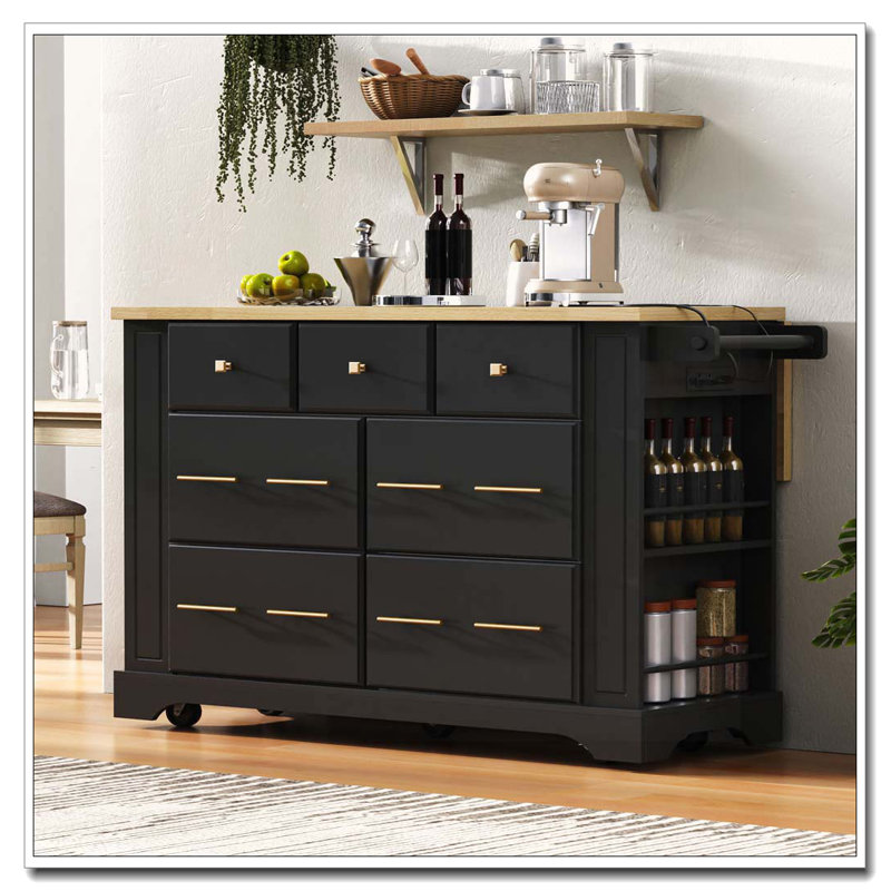 51.2" Kitchen Island with 6 Drawers and Pull-Out Trash Can, Black