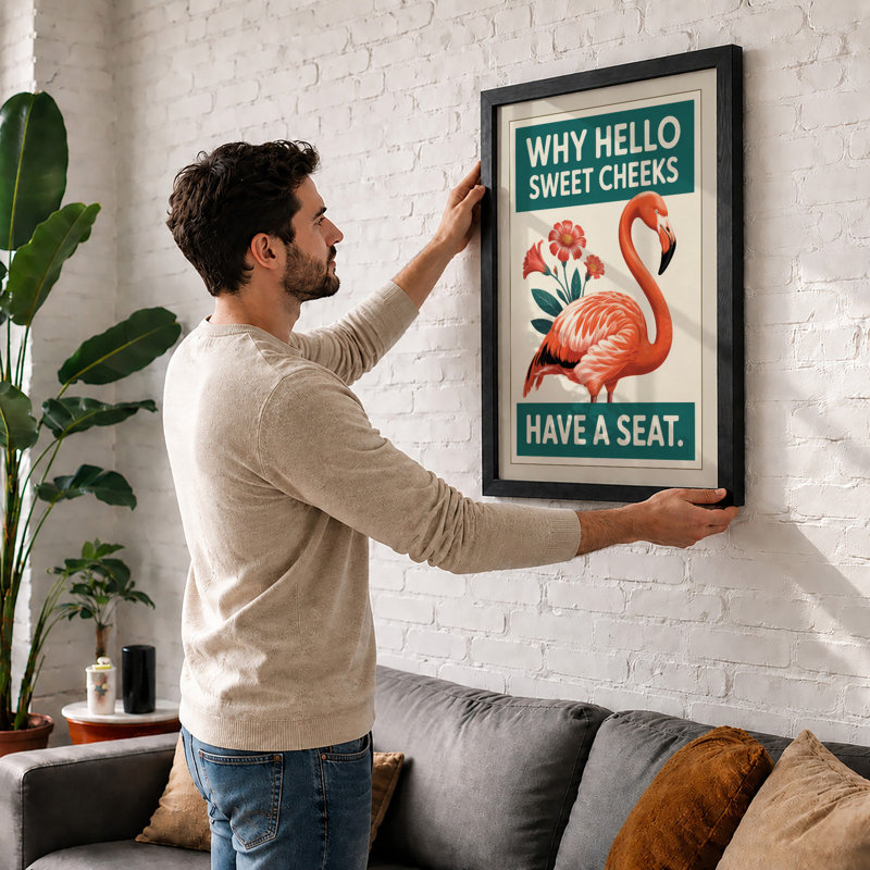 Flamingo Welcome Retro - Framed Print, Black, A4 - 29.7 x 21.0 cm