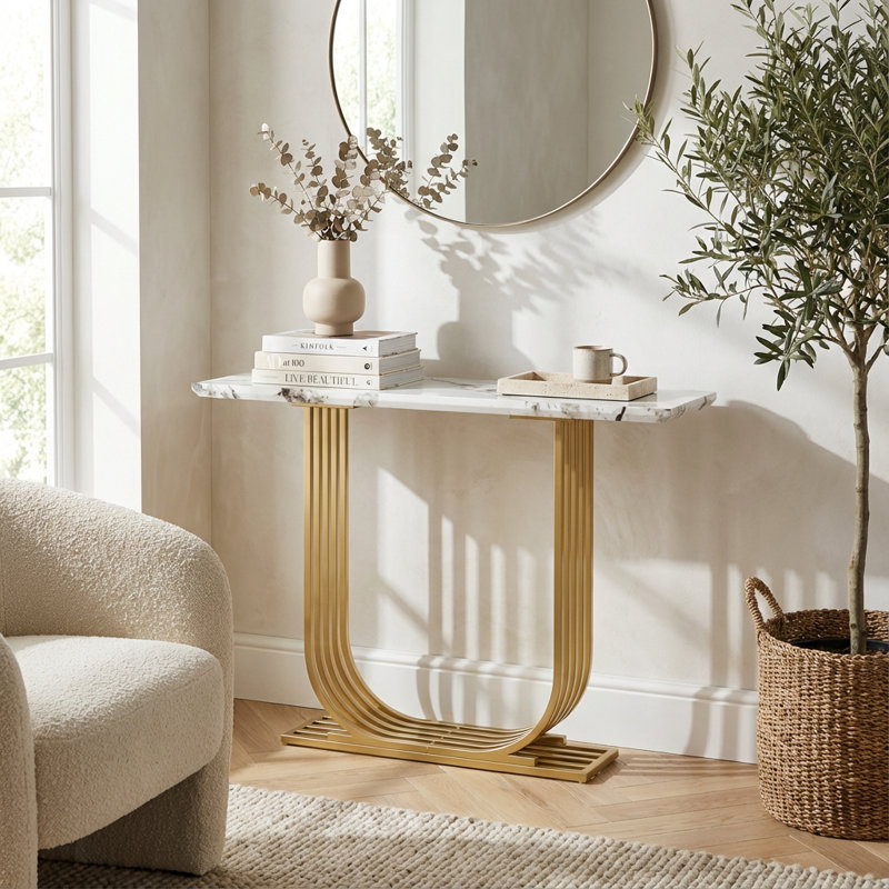 Console contemporaine contemporaine avec plateau imitation marbre et structure en métal