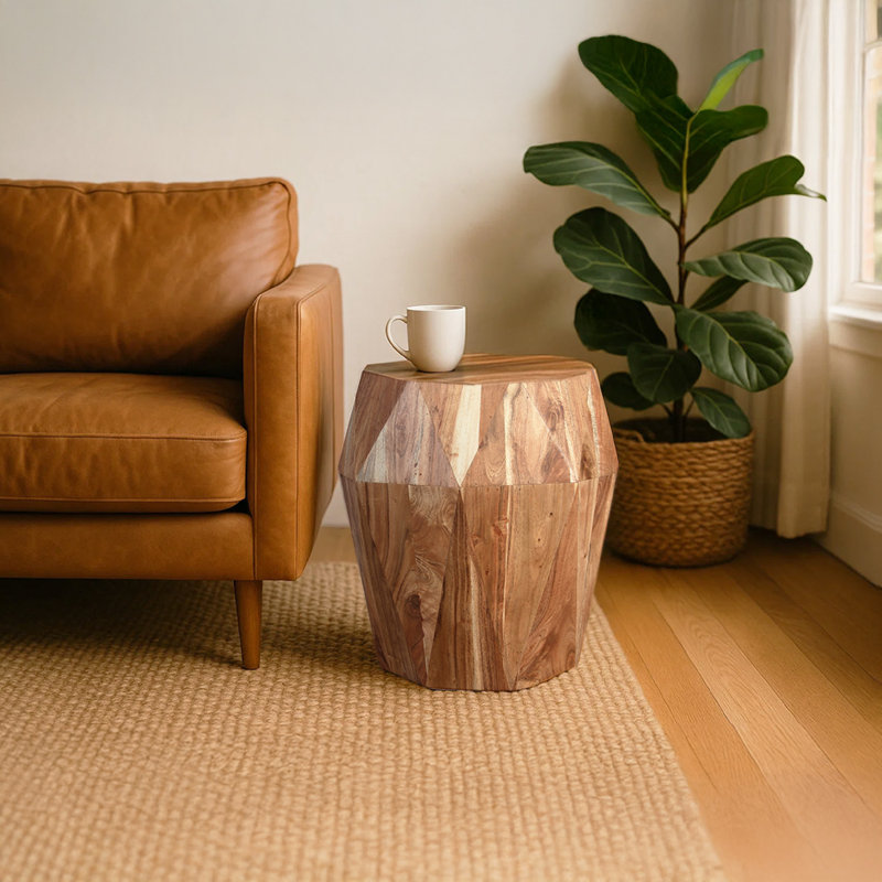 Bon 22 Inch Artisanal End Side Table, Multifaceted Solid Acacia Wood, Octagon Top, Natural Brown, Natural