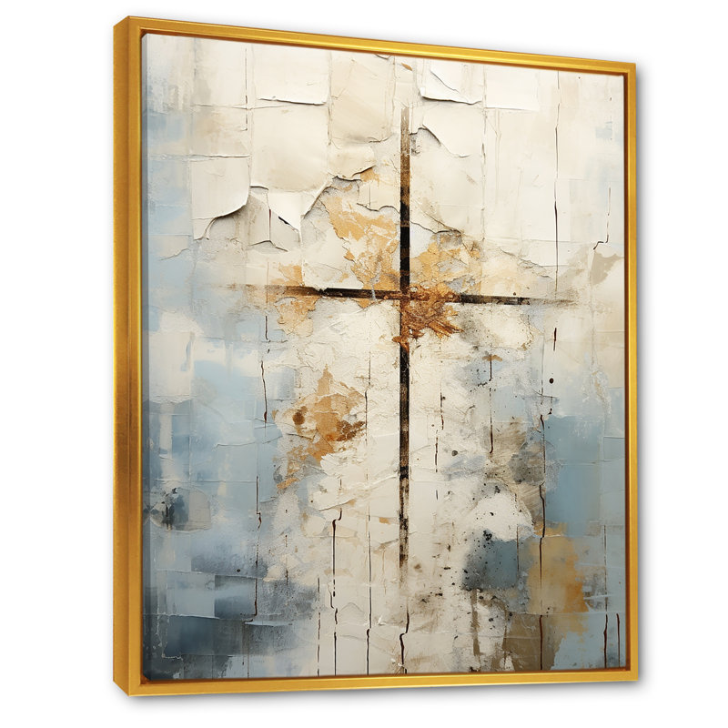 Art mural croix de Christianisme beige de Jessus II, H 32 po x l 24 po, Cadre flottant doré, Doré