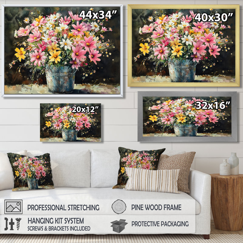 «Country Chic Floral Mix Bouquet II», art mural assorti, H 12 po x l 20 po, Cadre flottant, Doré