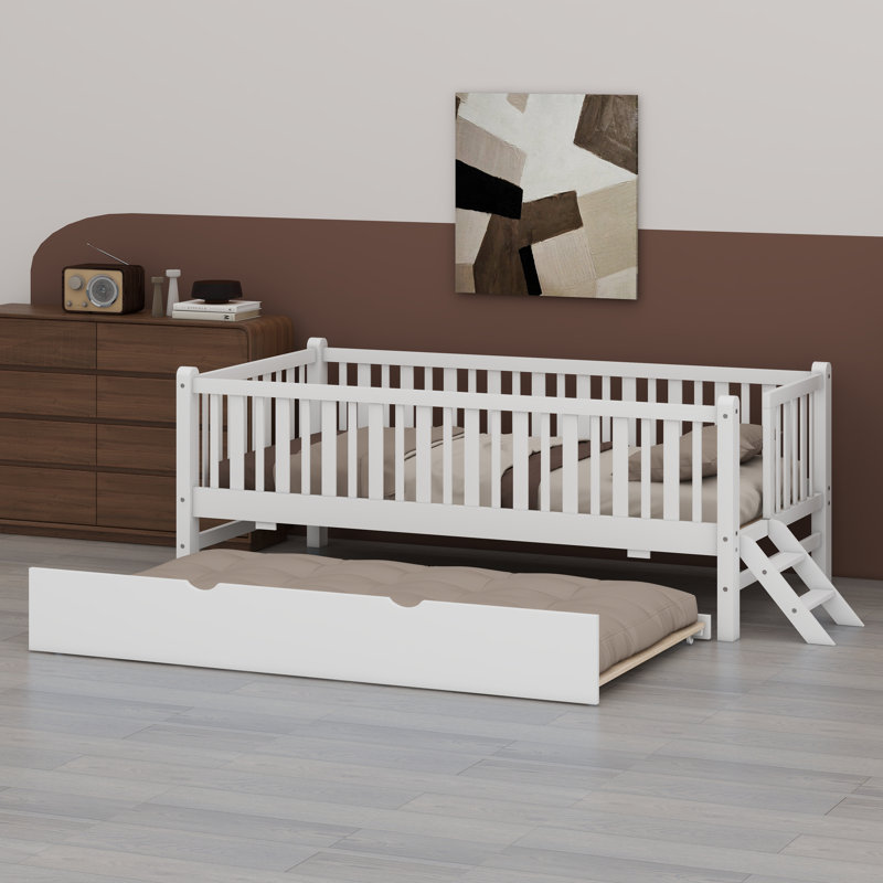 Platform Bed With Guardrail And Trundle, White