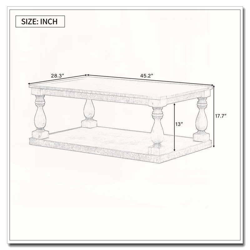 Table basse vintage avec pieds en colonne et placage de pin, Gris, H 17,7 po x L 45,2 po x l 28,3 po