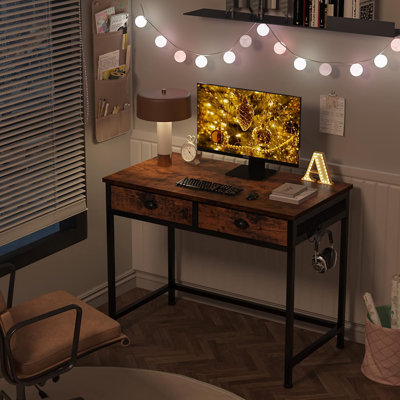 34 Inch Small Computer Desk With 2 Fabric Drawers & Hooks: Rustic Brown Home Office Writing/Study Desk, Bedroom Vanity/Makeup Dressing Table For Small Spaces