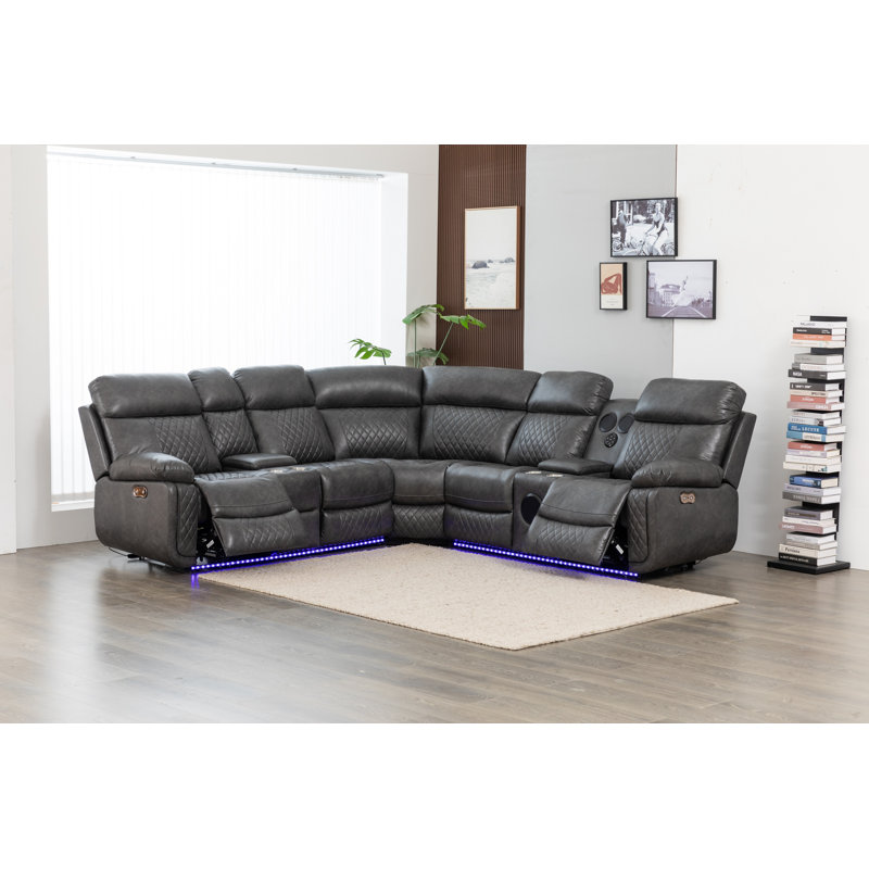 Palerem 98.5" Wide Vegan Leather Power Reclining Sectional with LED, USB and SubWoofer Sound System, Gray Faux Leather