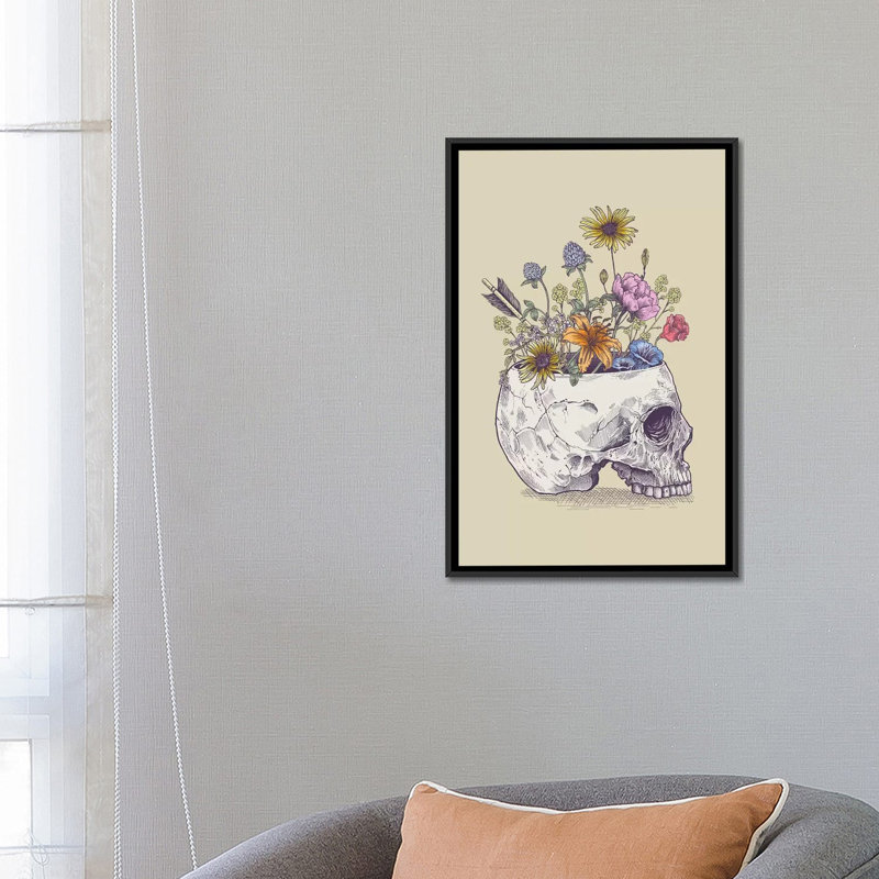 « half crâne floral », impression sur toile, H 26 po x l 18 po x P 1,5 po, Toile avec cadre noir, Pas de tapis