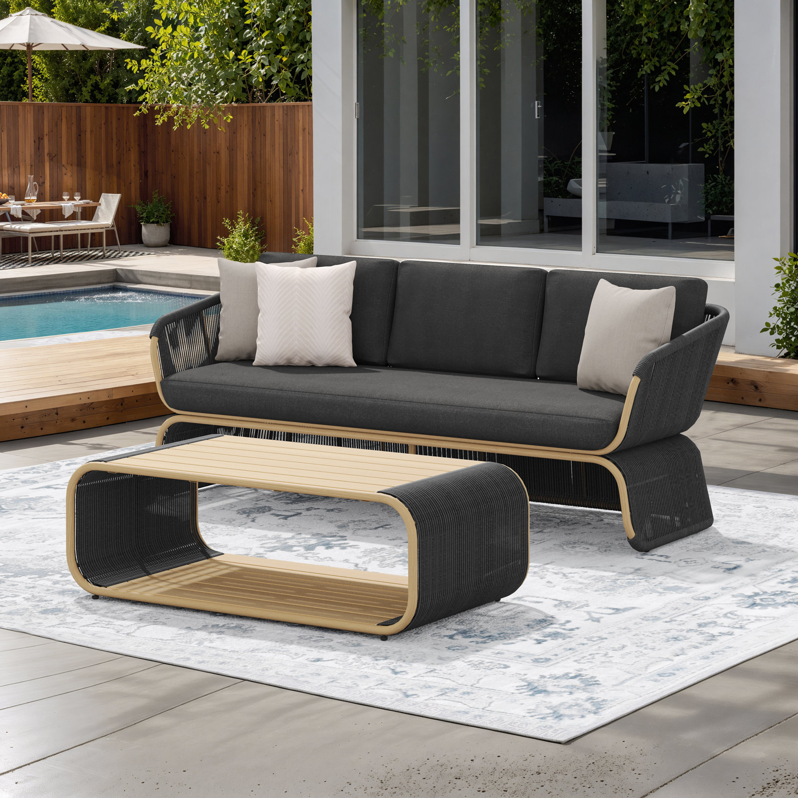 Carlen 3-Person Sunbrella® Patio Seating Group, Spectrum Carbon Cushion/Dark Gray/Brown Frame