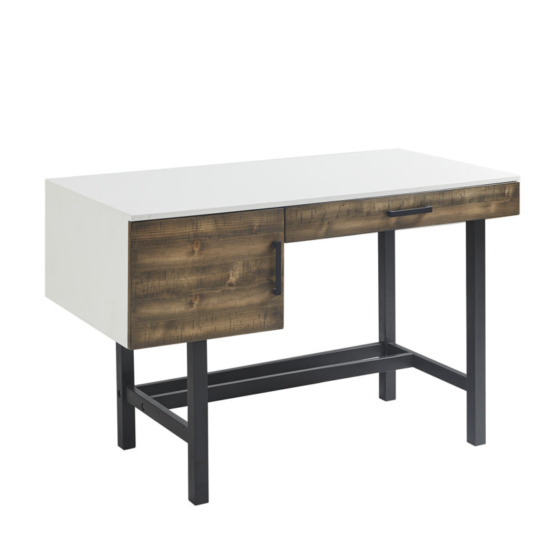 White and Brown Wood Writing Desk with Black Metal Legs and Drawer