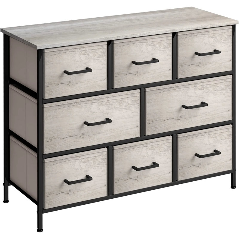 Sorbus 8 Drawers Wide Dresser with Steel Frame, Wood Top, and Fabric Bins in Rustic, Gray