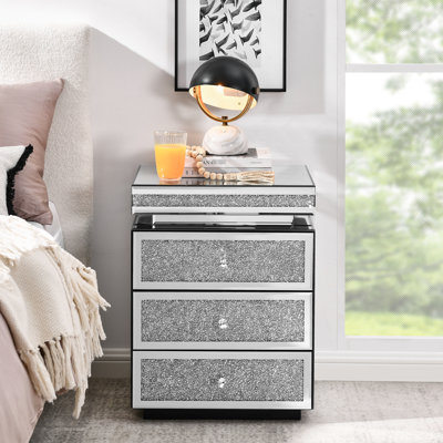 Mirrored 3 Drawers Nightstand, Silver Bedroom Table With Crystal Inlay, Modern, 13.8"W X 17.7"L 23.6"H Nightstand Drawers, Inlay For Modern Bedroom,
