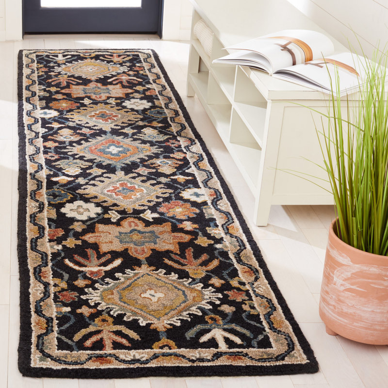 Tapis oriental beige / noir en laine / coton touffeté à la main, Tapis de couloir 2 pi 3 po x 9 pi