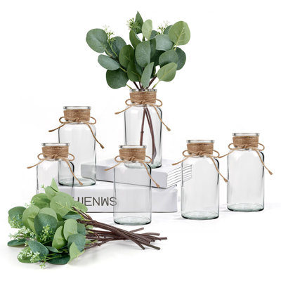 Ensemble de 6 vases en verre avec plantes artificielles vases transparents avec plantes artificielles pour centres de mariage rustiques, décoration de table, arrangements floraux de ferme, cadeaux de pendaison de crémaillère (24 pièces)