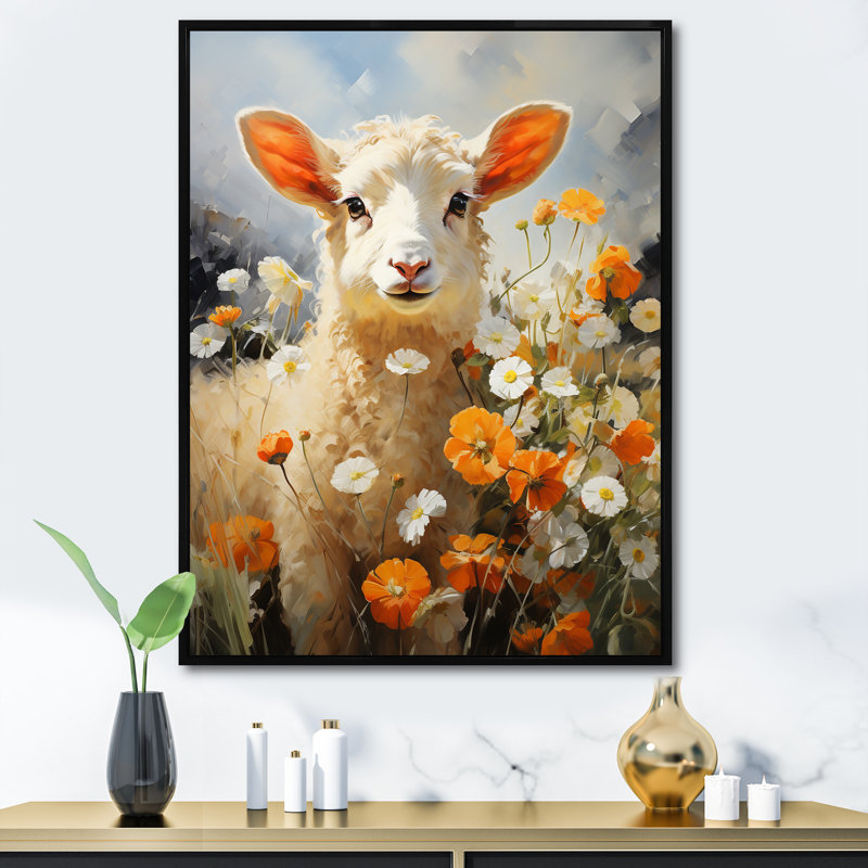 Sheep In Daisies - animaux, impressions sur toile, H 20 po x l 12 po x P 1 po, Cadre flottant noir
